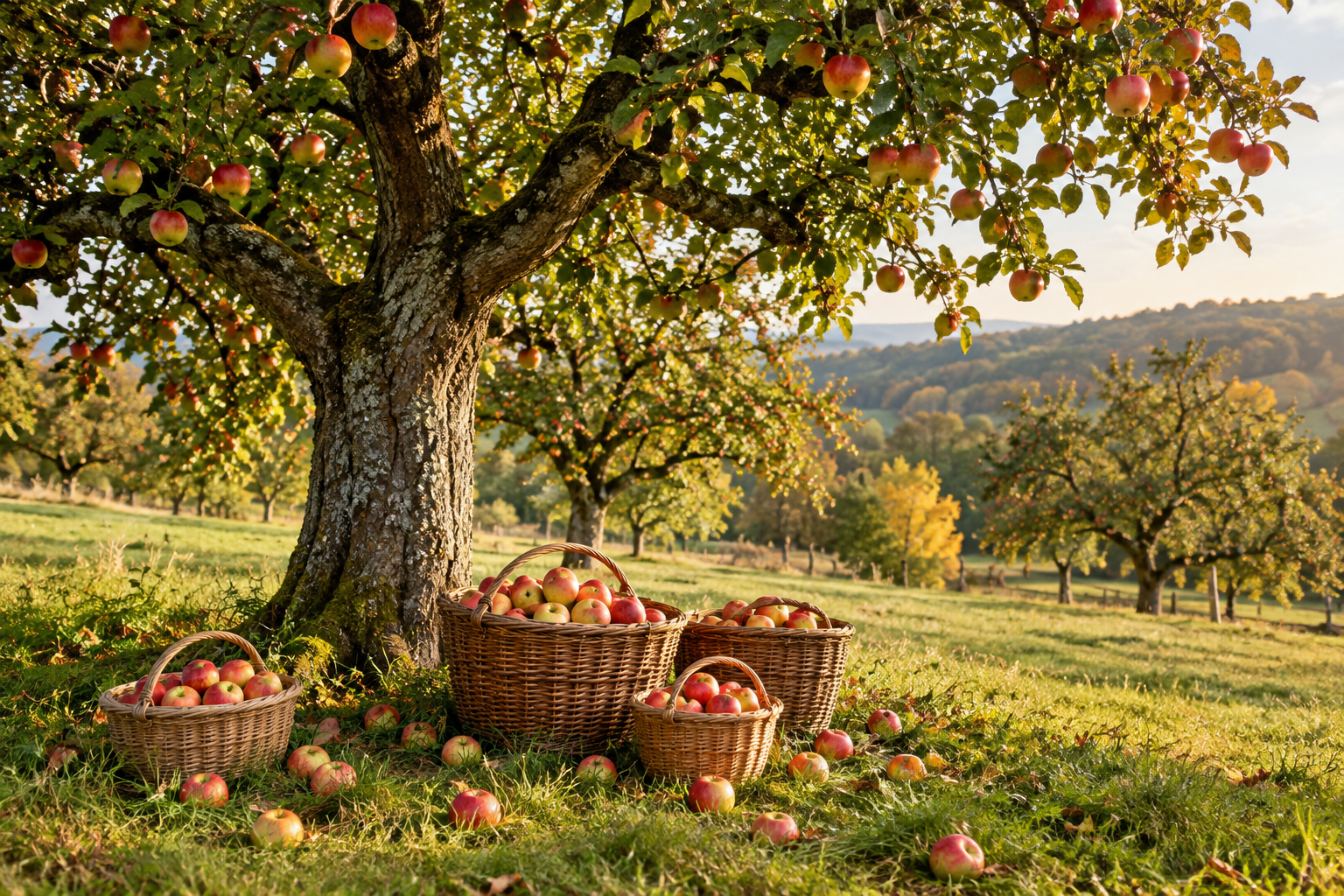 Apfelbaum auf einer Streuobstwiese mit gefüllten Erntekörben und heruntergefallenen Äpfeln im warmen Herbstlicht